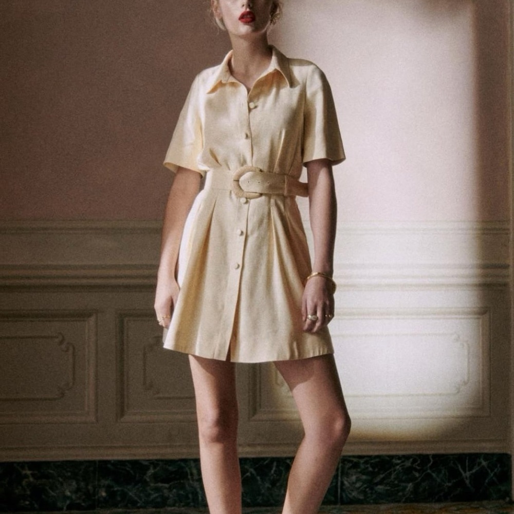 Sezane Editions Dress Gemma Linen Blend Belted Button Mini Sundress Sz US 12
